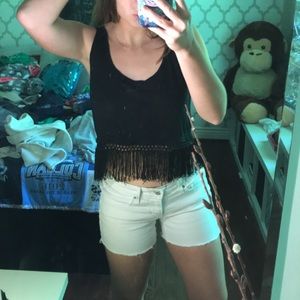 Black fringed cropped tank top